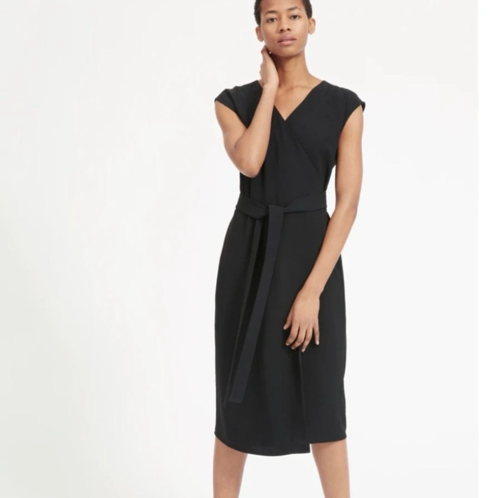 Everlane Japanese GoWeave Wrap Midi Dress Black Tie Waist Cap Sleeve Size 2